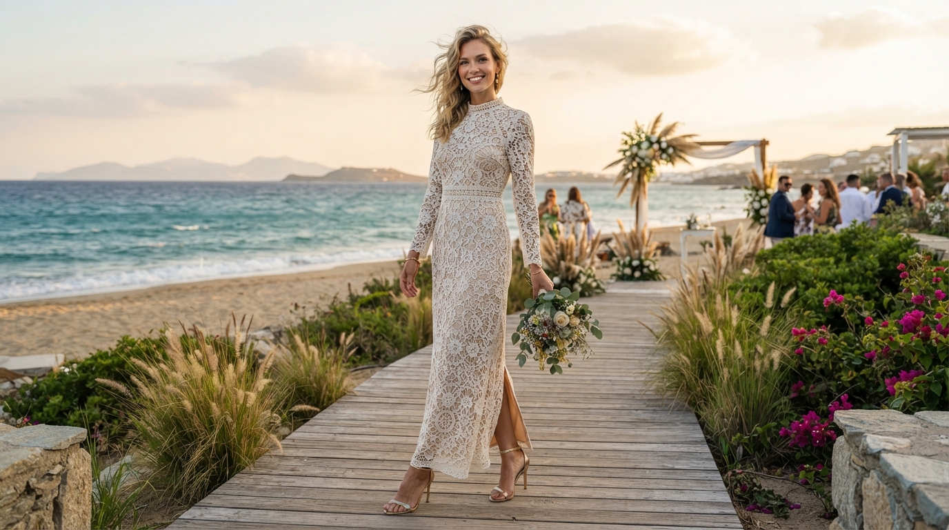 Crochet Lace High-Neck Sheath Dress & Metallic Sandals